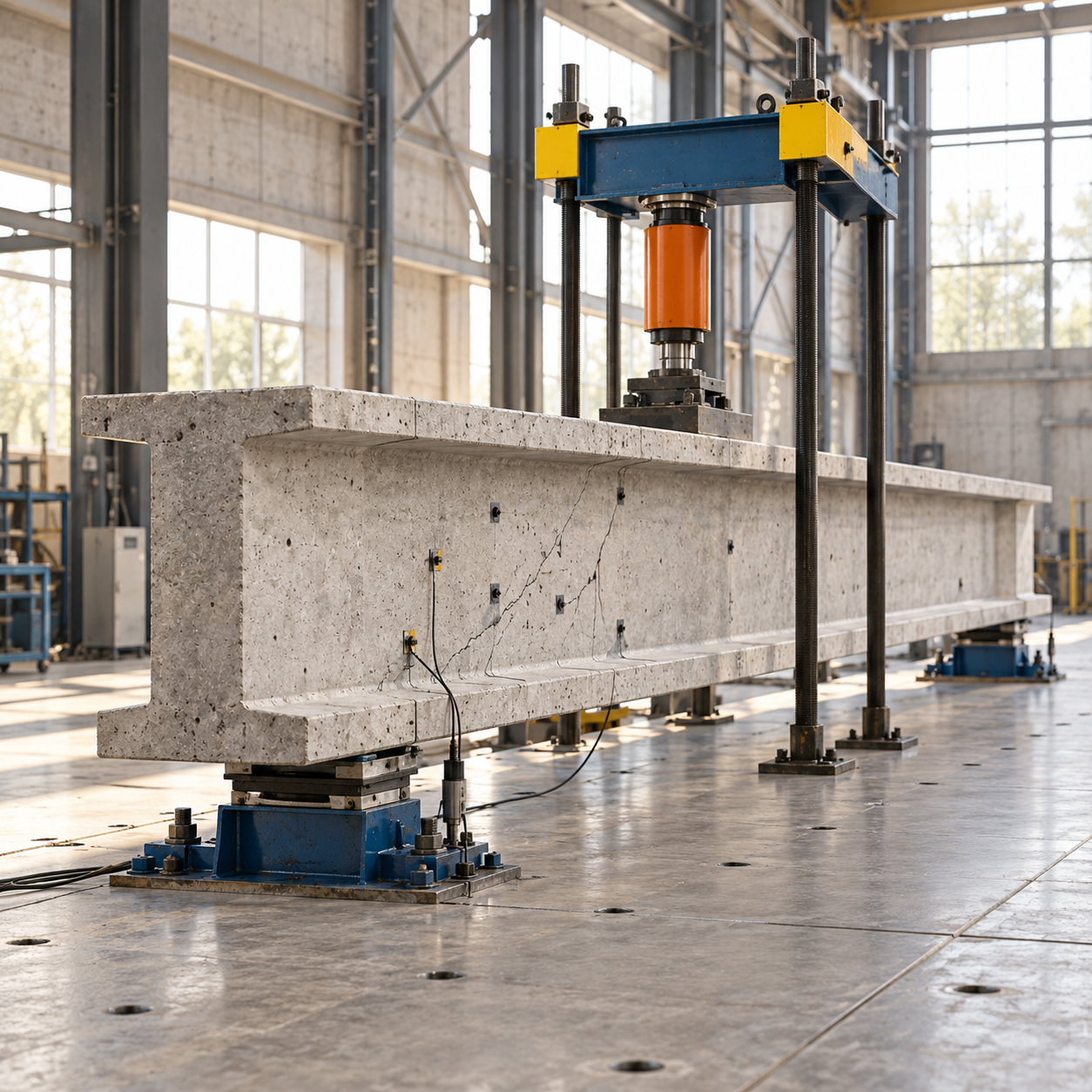 AI-generated research illustration of an instrumented concrete I-girder under hydraulic loading in a structural testing laboratory