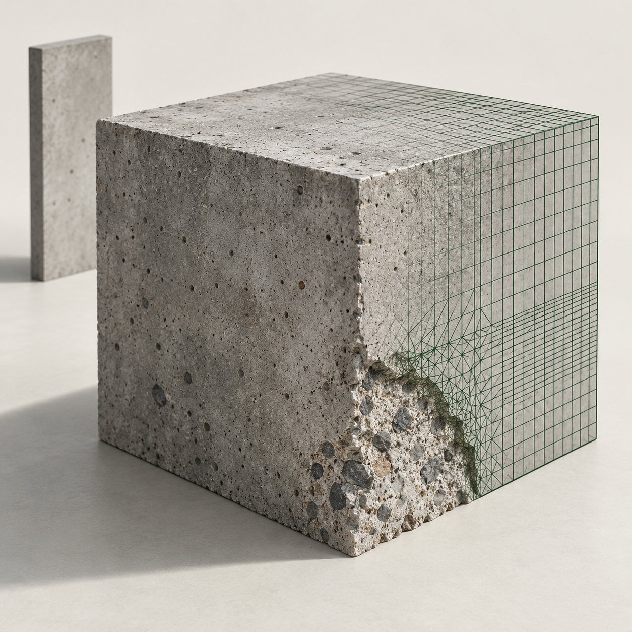Conceptual concrete specimen combining a textured material surface and a computational mesh